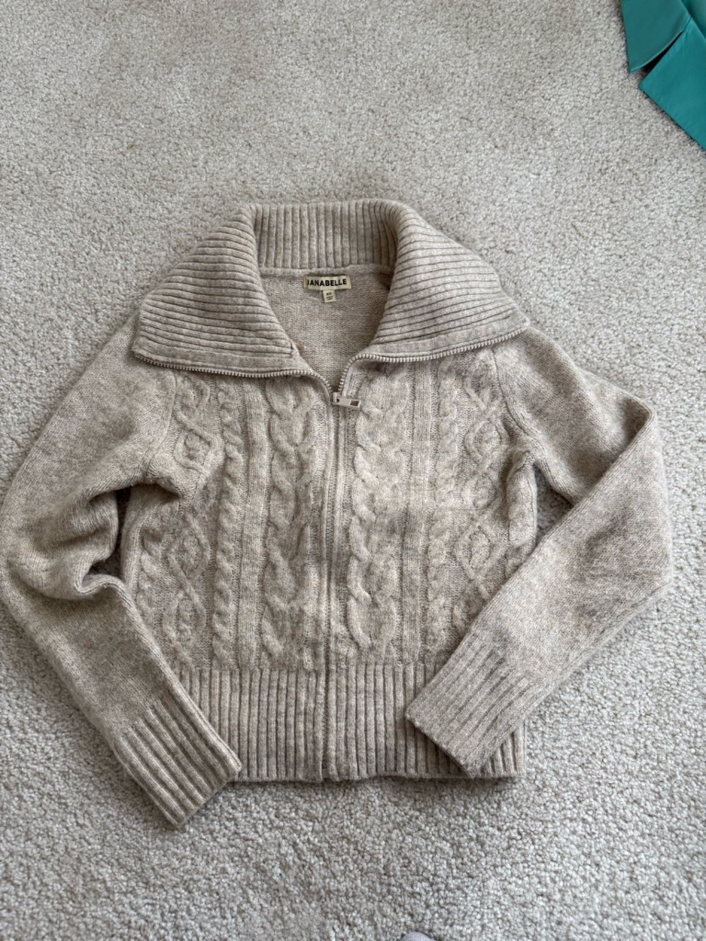 Janabelle Taupe Cable-Knit Zip Turtleneck Sweater